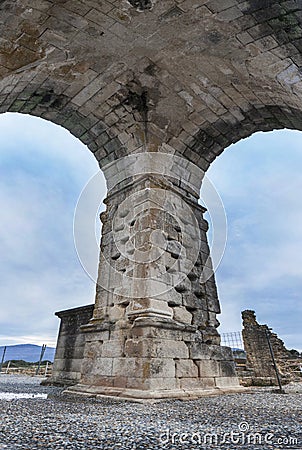 One of four pillars wich stand the Roman Arch of Caparra, Cecere Stock Photo