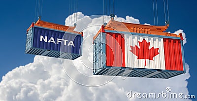 One Freight container with Canada national flag and one with the word NAFTA North American Free Trade Agreement Stock Photo