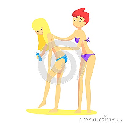 One Girl Helps Another To Apply Sunscreen On The Back, Part Of Friends In Summer On The Beach Series Of Vector Vector Illustration