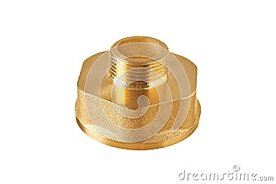 One glossy brass fitting golden color with thread for connecting different diameter pipeline for oil, petrol, gas Stock Photo