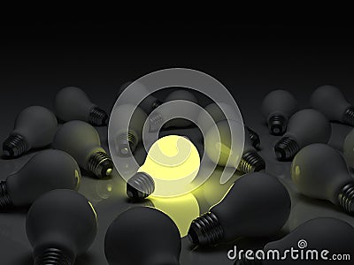 One glowing light bulb standing out from the unlit incandescent bulbs with reflection , individuality and different concept Stock Photo