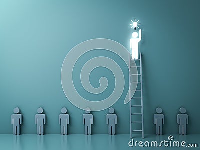 One glowing light man on the ladder got an idea bulb among other no idea people on dark green background Stock Photo