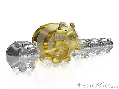 One Gold Piggy Bank in Row of Silver Piggy Banks Cartoon Illustration