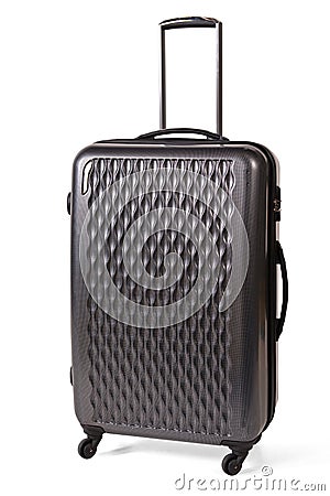 One graphite grey suitcase for travel or graphite grey luggage isolated stand alone on white background with clipping path. Stock Photo