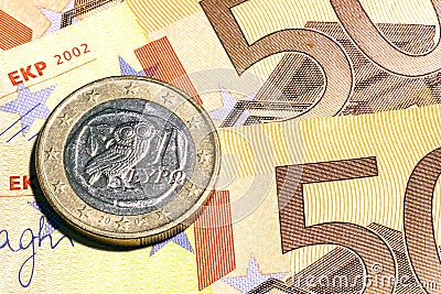 One greek euro coin & banknotes Stock Photo