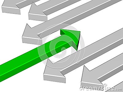 One green arrow against gray arrows Cartoon Illustration