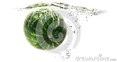 One green striped watermelon falling into water on a white background with splashes, drops and bubbles. summer fruit and Stock Photo