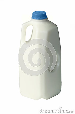 A one half 1/2 gallon jug of skim milk with a light blue cap. Stock Photo
