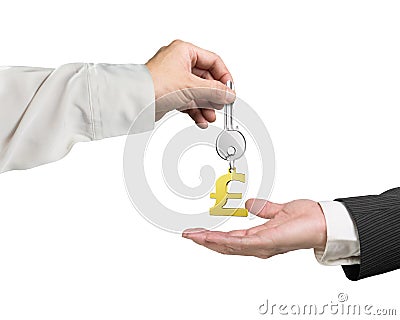 One hand giving key pound symbol keyring to another hand, 3D rendering Stock Photo