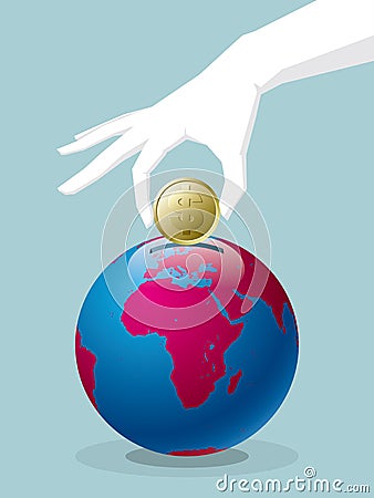 One hand holding a dollar coin,Into a piggy bank,Piggy bank is a globe. Vector Illustration