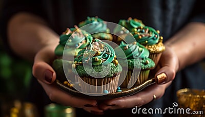 One hand holding sugary homemade muffin decoration generated by AI Stock Photo