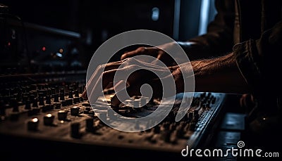 One hand mixing sound on dark turntable generated by AI Stock Photo