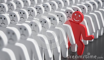 One happy man is out of crowd of many sad people. 3D rendered illustration. Cartoon Illustration