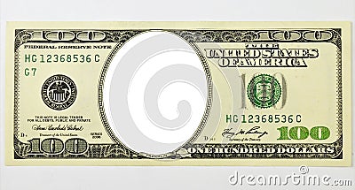 American one hundred dollar bill, without a portrait, an empty frame. Stock Photo