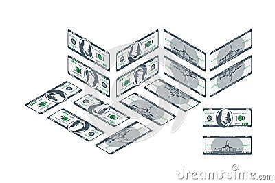 One hundred dollar banknote in isometric front and back. Money in different angles. Flat illustration EPS10 Cartoon Illustration