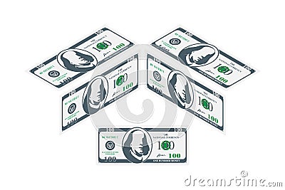 One hundred dollar banknote in isometric. Money in different angles. Flat vector illustration EPS10 Vector Illustration