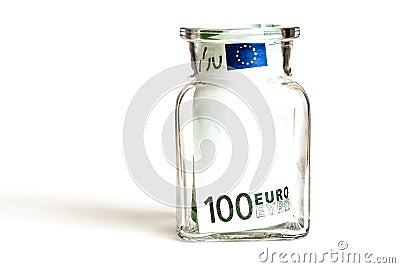 One hundred euros in a glass jar, on a white background Stock Photo
