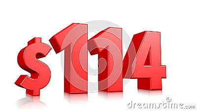 114$ One hundred and fourteen price symbol. red text 3d render with dollar sign on white background Stock Photo