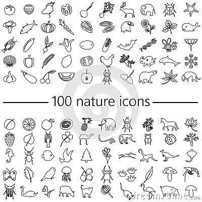 One hundred nature theme outline icons big set eps10 Vector Illustration