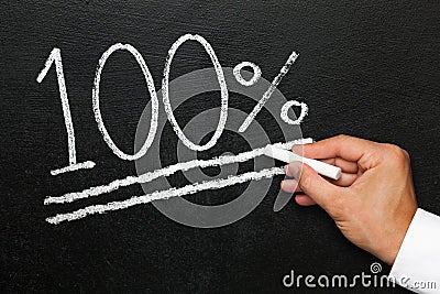 One hundred percent achievement of a goal on chalk blackboard Stock Photo