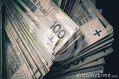 One Hundred Polish Zlotych Pile of Banknotes Stock Photo