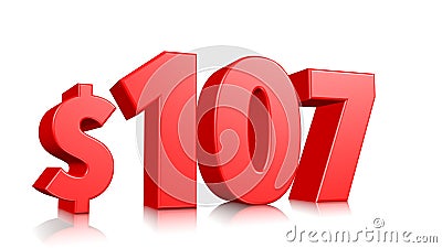 107$ One hundred and seven price symbol. red text 3d render with dollar sign on white background Stock Photo