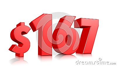 167$ One hundred sixty seven price symbol. red text number 3d render with dollar sign on white background Stock Photo