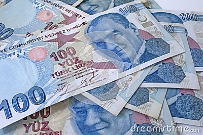 One hundred turkish lira banknotes Stock Photo