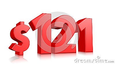 121$ One hundred twenty one price symbol. red text 3d render with dollar sign on white background Stock Photo