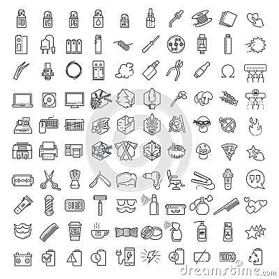 One hundred Vector thin line icons set for infographics and UX UI kit. Contains barber shop, technology & computers, ecology and Vector Illustration