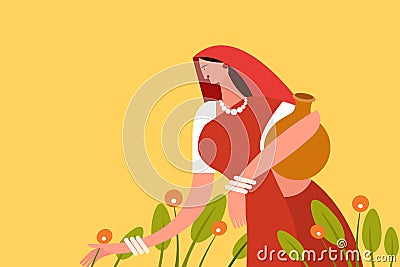 Indian rural woman carrying water pot and walking in the outdoor Vector Illustration