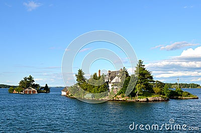 One Island in Thousand Islands Region in fall of New York State. Stock Photo