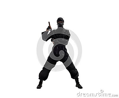 Japanese ninja in black uniform on white background Stock Photo