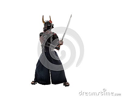 Japanese samurai in black uniform on white background Stock Photo