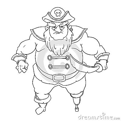 One-legged, bearded pirate in a cocked hat with skull. Man in coat Vector Illustration