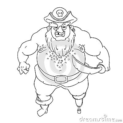 One-legged, bearded pirate in cocked hat with a skull Vector Illustration