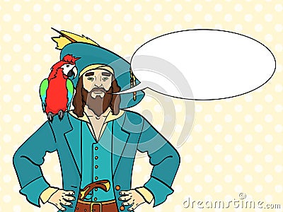 One-legged captain, wooden foot, man is a pirate, a sailor. Vector, pop art background. Imitation comic style. text Vector Illustration