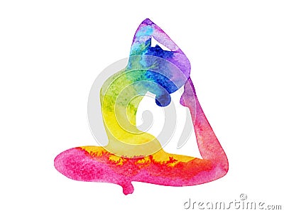 One legged king pigeon pose yoga, 7 color chakra watercolor painting Cartoon Illustration