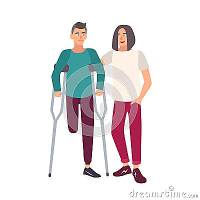 One-legged man with crutches standing together with his friend. Smiling male cartoon character with physical disability Vector Illustration