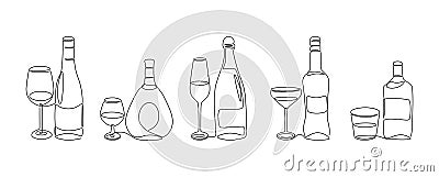 One line alcohol beverage. Glass bottles with strong scotch and glasses of wine, continuous line modern graphic. Vector Vector Illustration