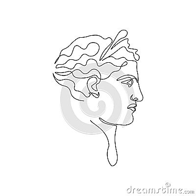 One line ancient greek statue. Greece mythology sculpture hand drawn continuous line, Artemis goddess head. Modern Vector Illustration