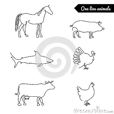 One line animals set, logos vector stock illustration with horse, pig, turkey, cow, chicken, shark,and other Vector Illustration