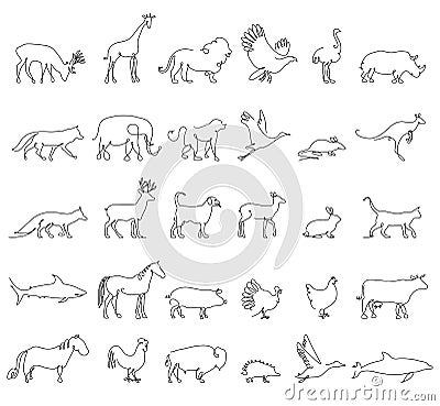 One line animals set, logos. vector stock illustration. Turkey and cow, pig and eagle, giraffe and horse, dog and cat Vector Illustration