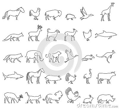 One line animals set, logos. vector stock illustration. Turkey and cow, pig and eagle, giraffe and horse, dog and cat Vector Illustration