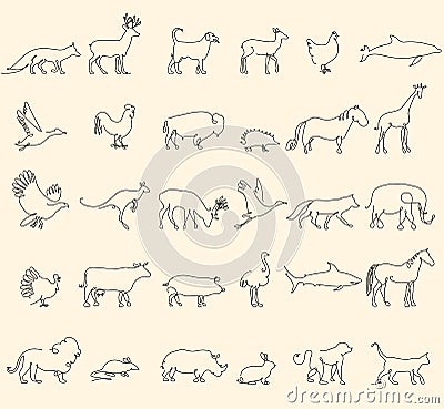 One line animals set, logos. vector stock illustration. Turkey and cow, pig and eagle, giraffe and horse, dog and cat Vector Illustration