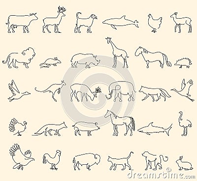 One line animals set, logos. vector stock illustration. Turkey and cow, pig and eagle, giraffe and horse, dog and cat Vector Illustration