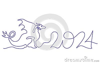 2024 one line art, hand drawn continuous contour. Continuous one line drawing dragon. Year of the Dragon. Chinese dragon Vector Illustration