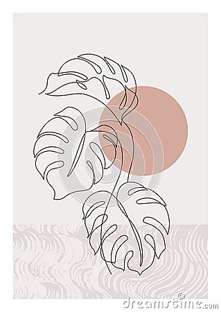 One line art monstera leaf plant poster. Elegant tropical leaf with grunge doodle texture background Cartoon Illustration