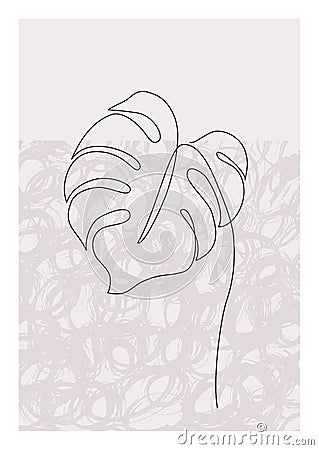 One line art monstera leaf plant poster. Elegant tropical leaf with grunge doodle texture background Cartoon Illustration