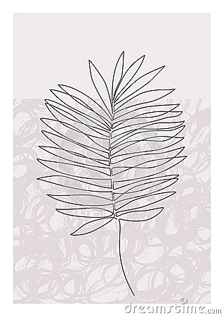 One line art palm leaf poster. Elegant tropical leaf with grunge doodle texture background Vector Illustration